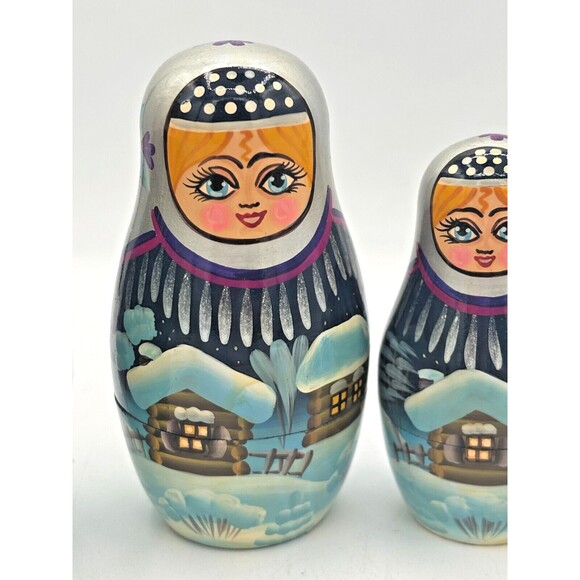 Matryoshka Russian Winter Village Nesting Dolls 9 Piece Vintage Wood Handpainted - Picture 3 of 16